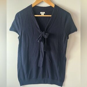 J Crew Navy Tie-Front Sweater Top Women's Medium Short Sleeve Knit Top Preppy